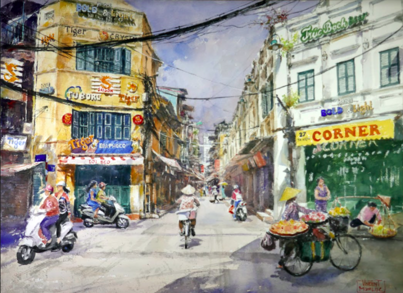Những phố cổ tại Hà Nội cũng mang đến cho anh nhiều cảm xúc. Hoạ sĩ tái hiện những góc phố bình dị, những con người với hoạt động thường nhật 