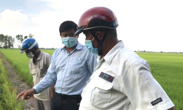 Cán bộ nông dân nghiệp địa phương trao đổi với nông dân vùng Dự án VnSAT về vấn đề phòng trừ sâu bệnh trên cây lúa, phương pháp giảm phân bón. Ảnh: Trọng Linh.