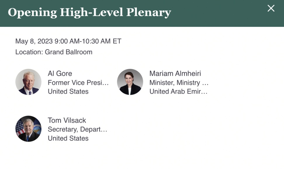 Bộ trưởng Nông nghiệp Mỹ Tom Vilsack, cựu Phó Tổng thống Mỹ AI Gore và Bộ trưởng Bộ Biến đổi khí hậu và môi trường UAE Mariam Almheiri là các diễn giả tại Phiên khai mạc cấp cao Hội nghị AIM4C 2023. 
