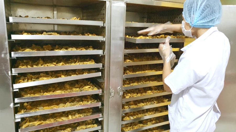 Công nhân Công ty TNHH Cheer Up chế biến sản phẩm snack da cá trứng muối - Ảnh: Nguyễn Cẩm 