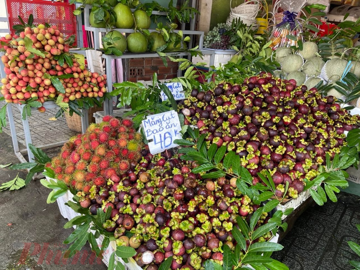Giá măng cụt, chôm chôm, vải Đaklak tại chợ sỉ khá rẻ nhưng giá bán lẻ ở một số cửa hàng cao - Ảnh: Nguyễn C