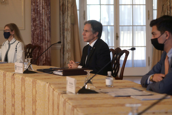 Ngoại trưởng Mỹ Antony Blinken trong cuộc gặp qua video với Chủ tịch Đại hội đồng Liên Hiệp Quốc Volkan Bozkir ở Washington D.C, Mỹ ngày 29-3 - Ảnh: REUTERS